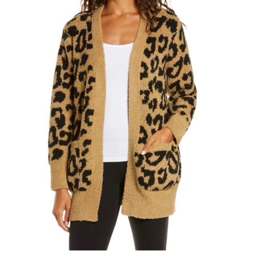 Leopard Print Open-Front Cardigan Sweater - Camel/Black